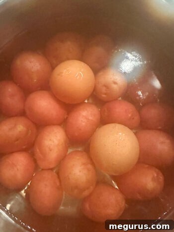 Adding eggs to a pot with boiling potatoes for a time-saving technique