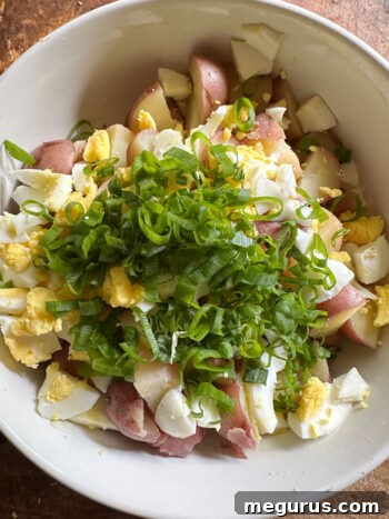 Adding chopped green onion to the potato and egg mixture