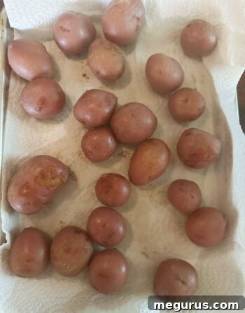 Cooked potatoes drying on a paper towel-lined baking sheet.