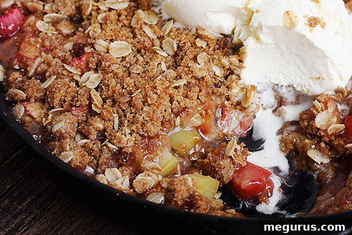 Warm Skillet Rhubarb Crunch served with a scoop of melting vanilla ice cream, a perfect sweet and tart dessert.