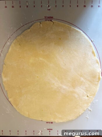 Chilled pastry dough rolled into a perfect 12-inch round on a floured surface