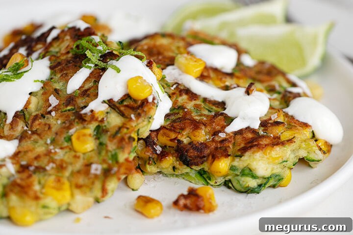Zucchini corn fritters drizzled with sour cream on a plate.