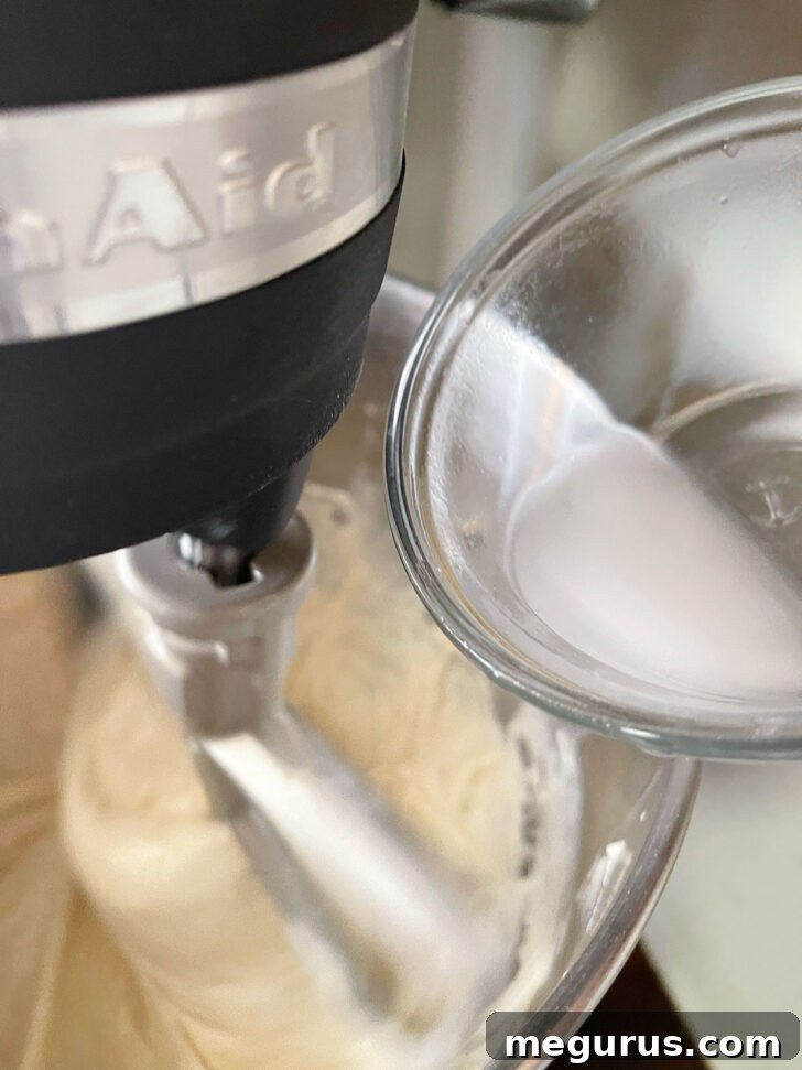 Baking soda and water being stirred into the risen dough.