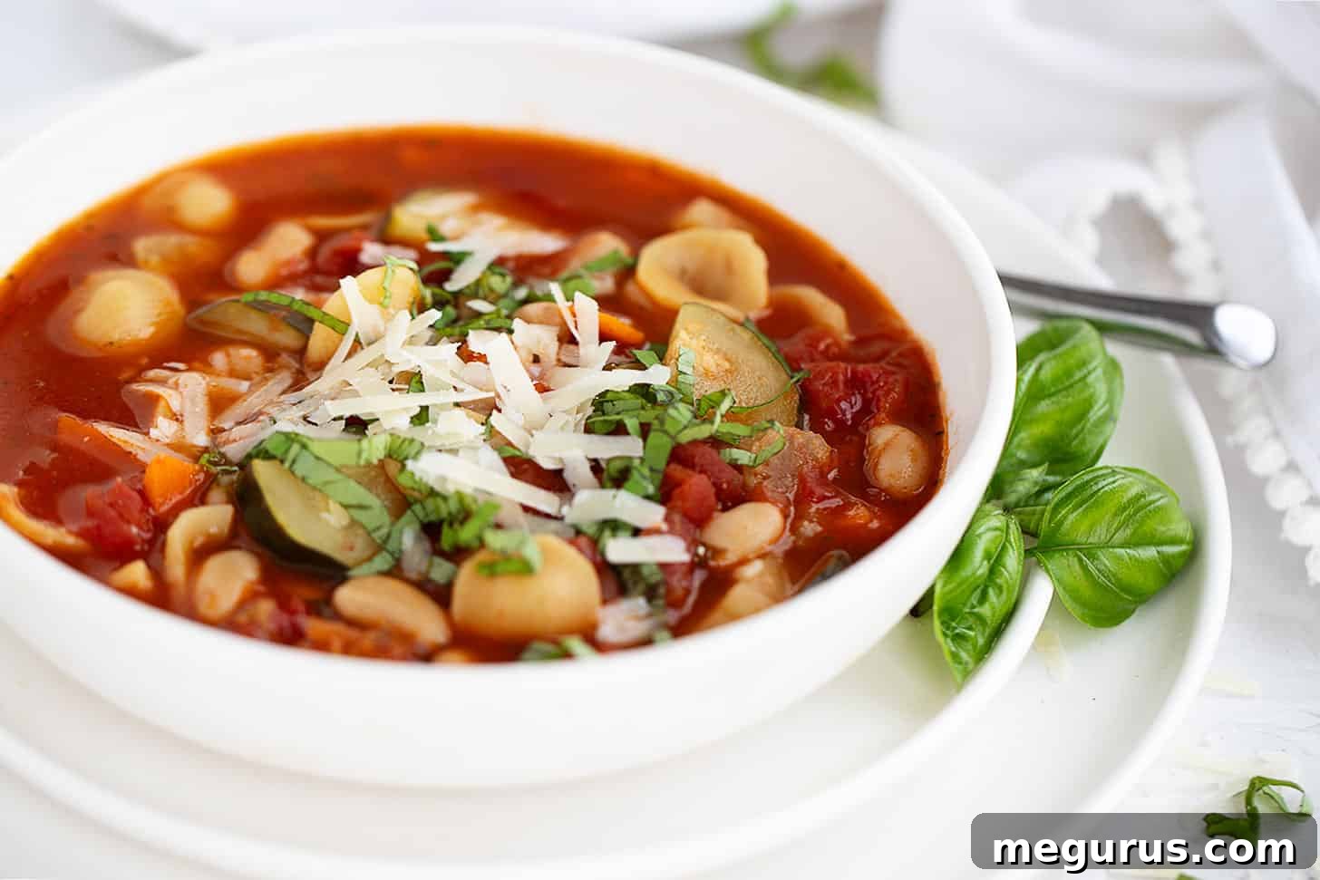 Summer minestrone soup in bowl with basil