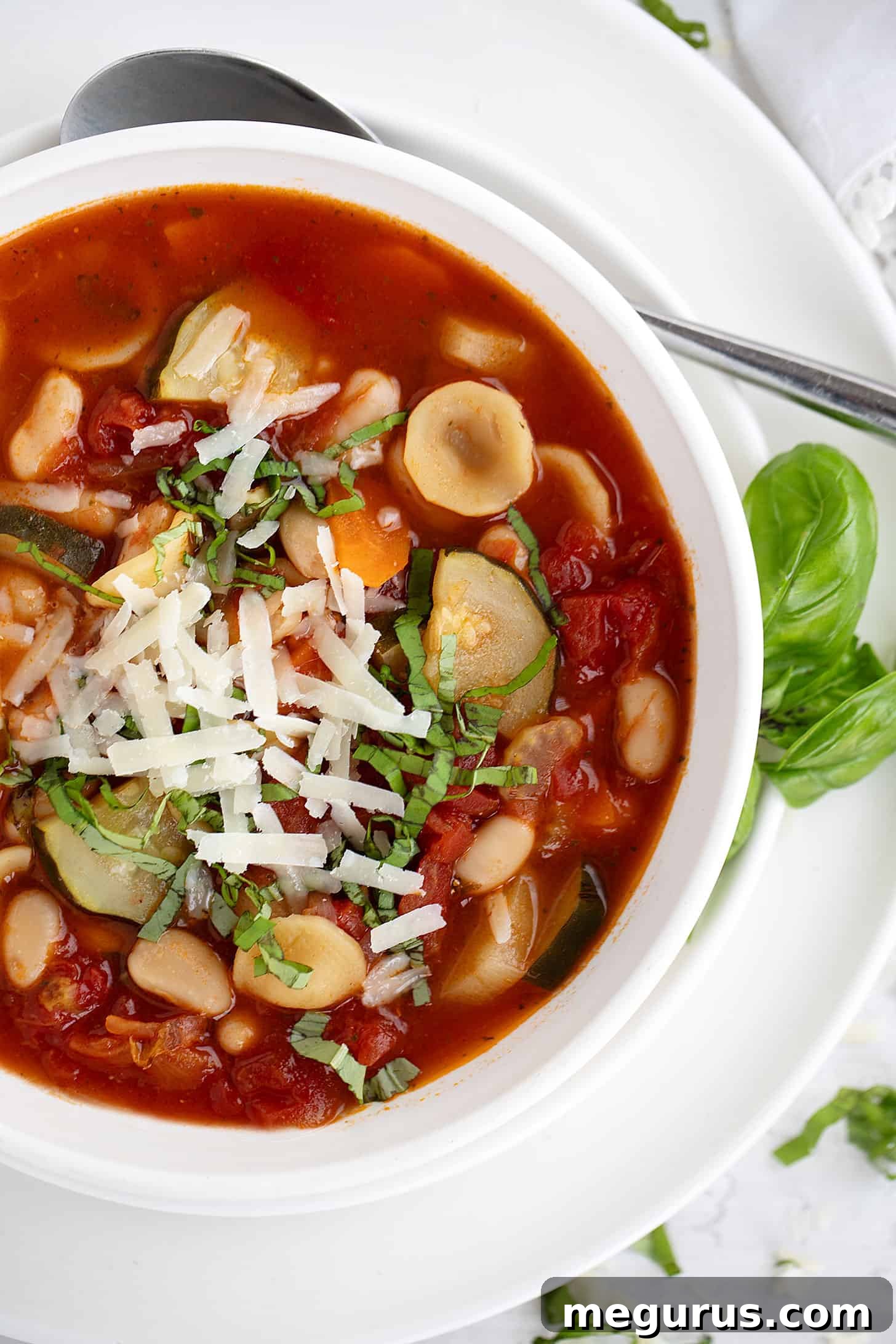 Summer minestrone soup in bowl with spoon