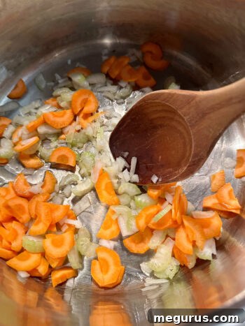 softening carrots, celery and onion in soup pout