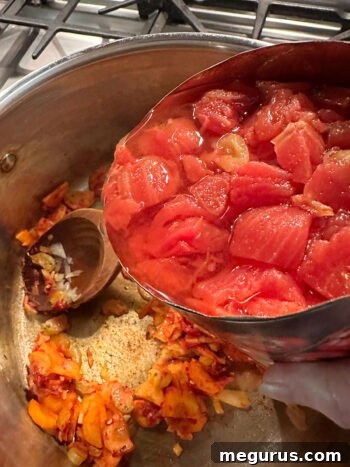 adding canned tomatoes to soup pot