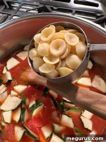 adding orecchiette pasta to soup
