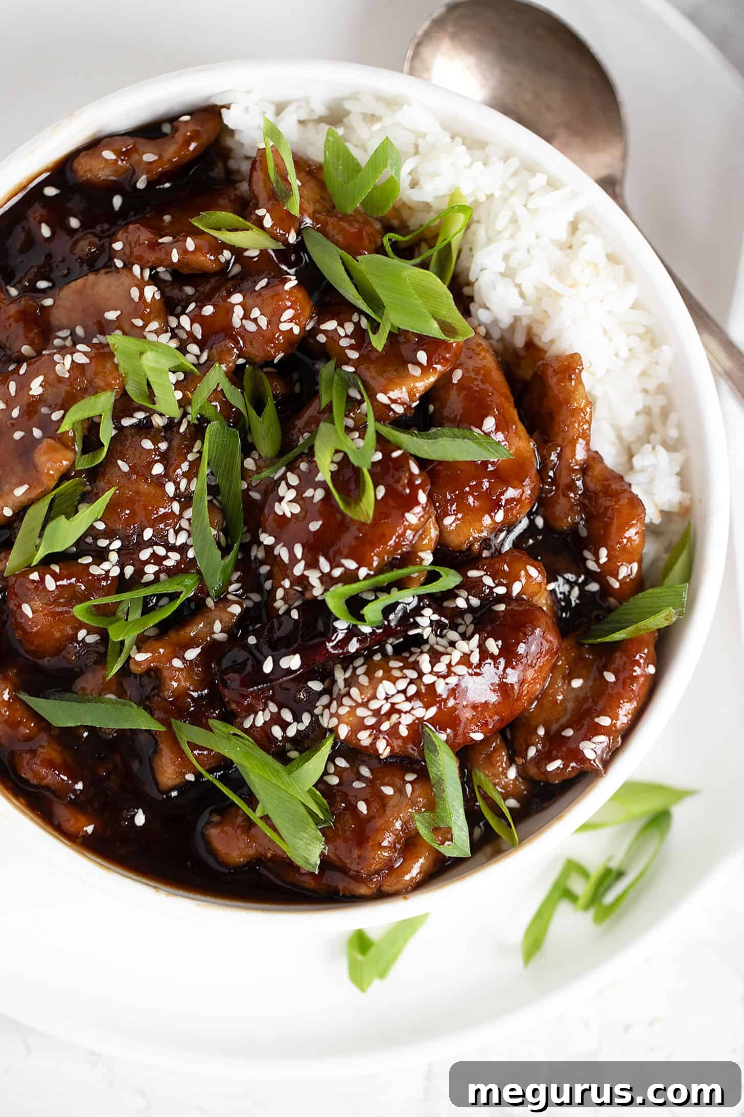 Mongolian pork served in a white bowl with steamed white rice, garnished with green onions