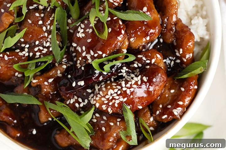 Plated Mongolian Pork with rice, garnished with green onions and sesame seeds