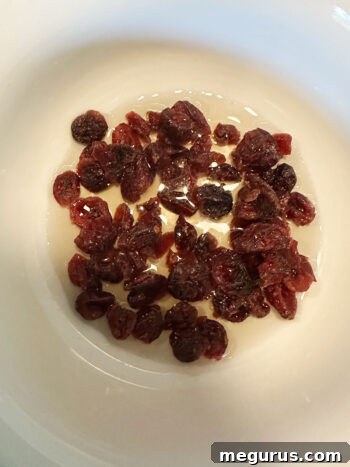 dried cranberries in bowl with cider vinegar