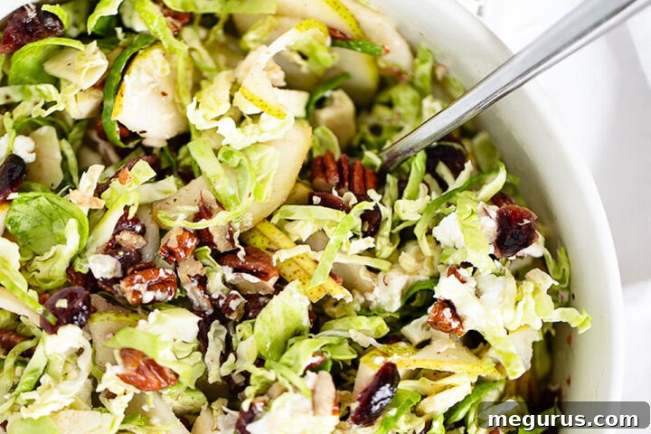 Brussels sprouts and pear salad in bowl with spoon