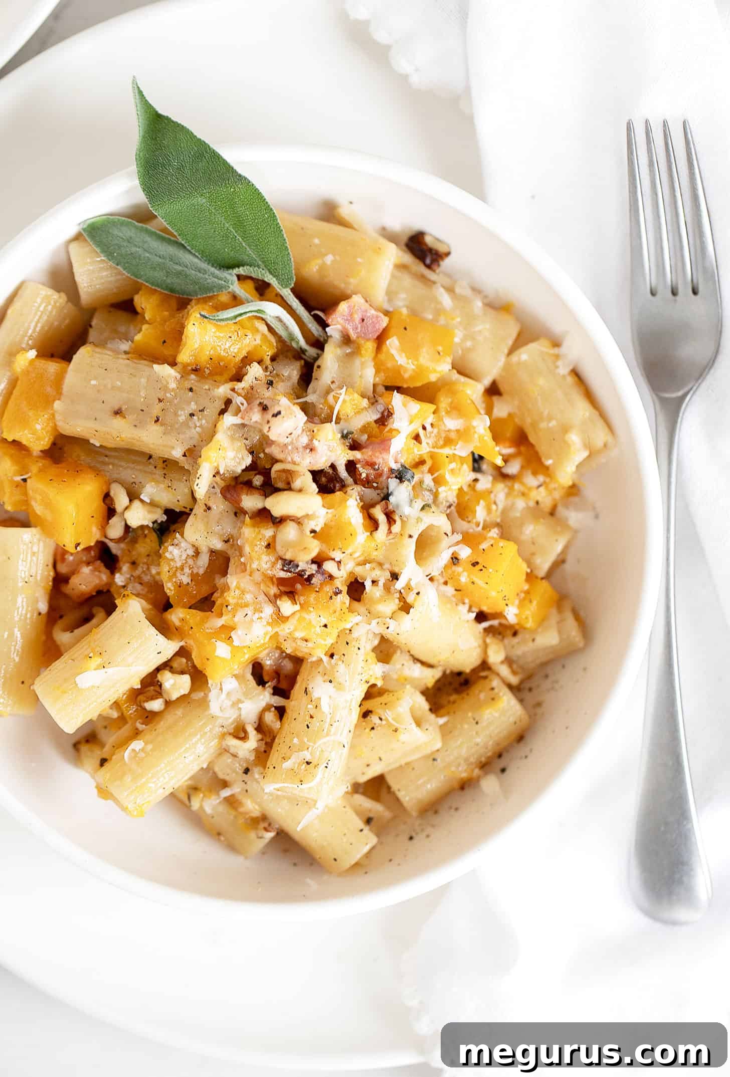 A close-up shot of creamy roasted butternut squash pasta in a bowl, showing the texture and ingredients.