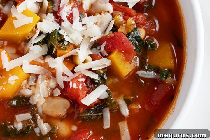 Fall minestrone soup in white bowl.