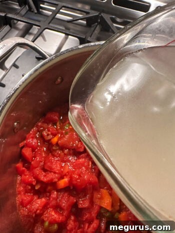 Adding rich chicken broth to the vegetable and tomato mixture.