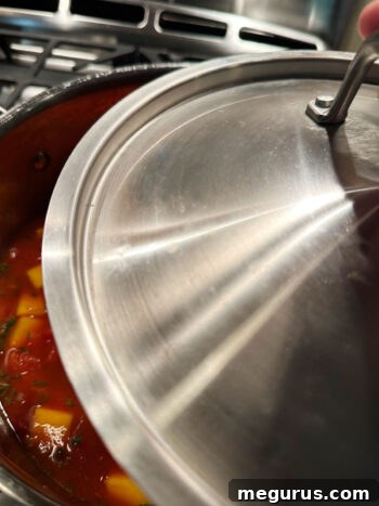 Placing the lid on the pot to allow the soup to simmer.