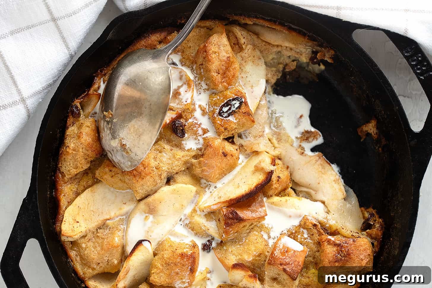 Hearty Apple Bread Pudding baked in a rustic cast iron skillet, ready to be served