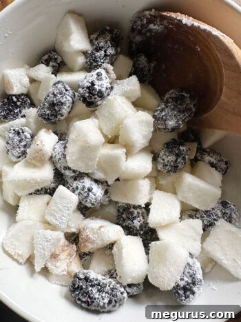 The fruit filling ingredients thoroughly stirred together, ready for baking.