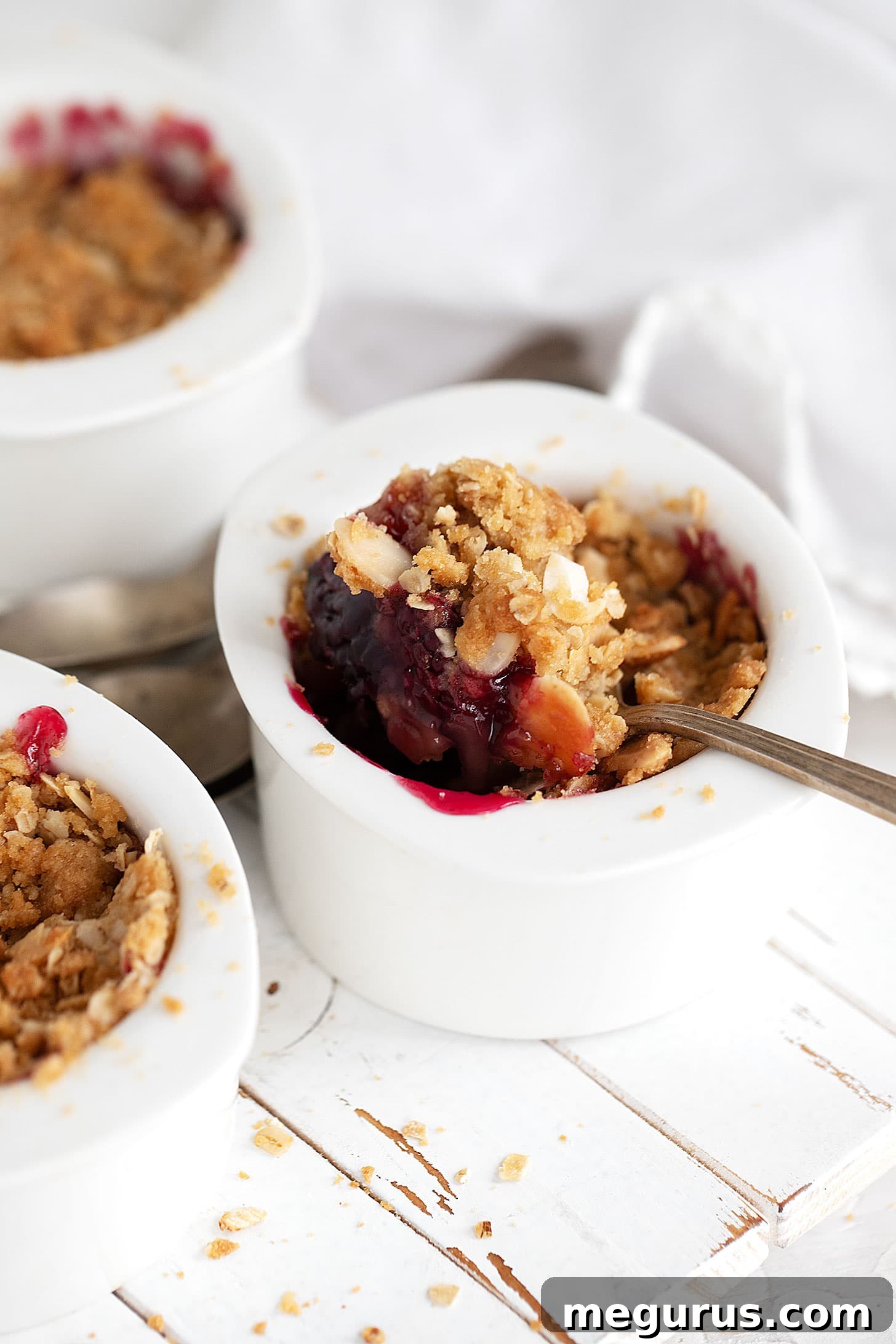 Two individual blackberry apple crumbles in ramekins, showing the beautifully baked golden topping and juicy fruit underneath.