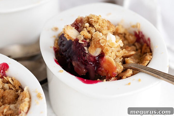 Close-up of a warm blackberry apple crumble in a ramekin with a spoonful removed, revealing the dark fruit filling.