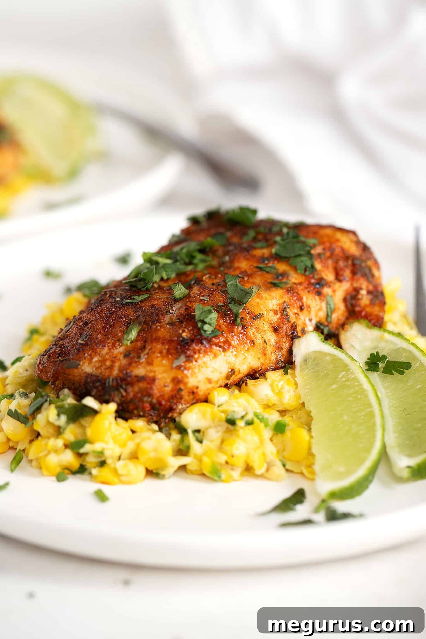 blackened cod on plate with creamed corn, garnished with fresh herbs and a lime wedge