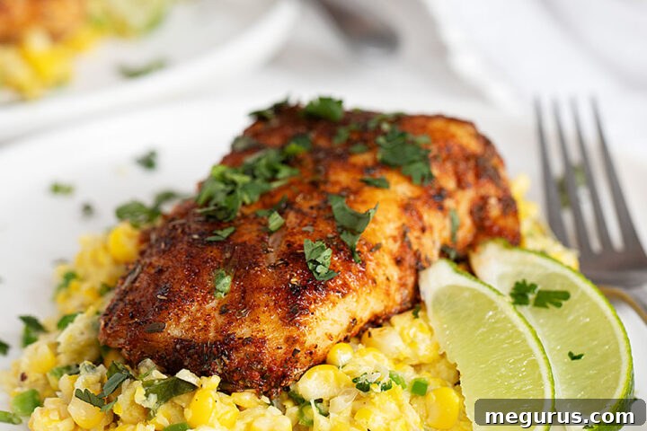 blackened cod on plate with creamed corn, ready to eat