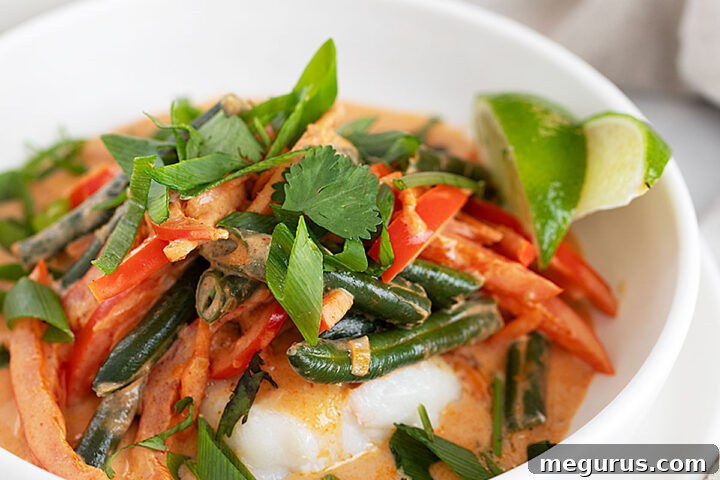 Thai red curry fish in bowl