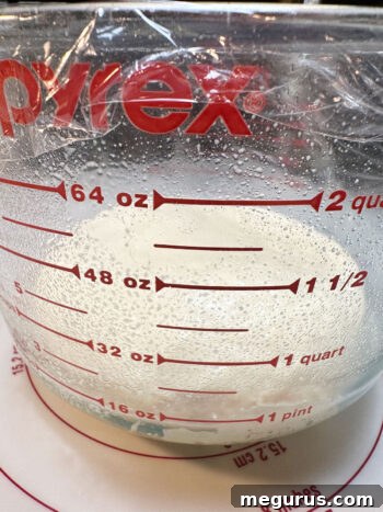 Dough resting in a greased measuring cup for its first rise.
