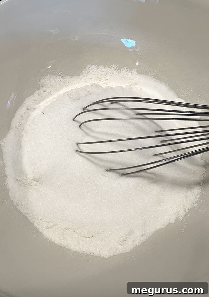 Dry ingredients flour, baking powder, salt, and sugar whisked together in a large mixing bowl