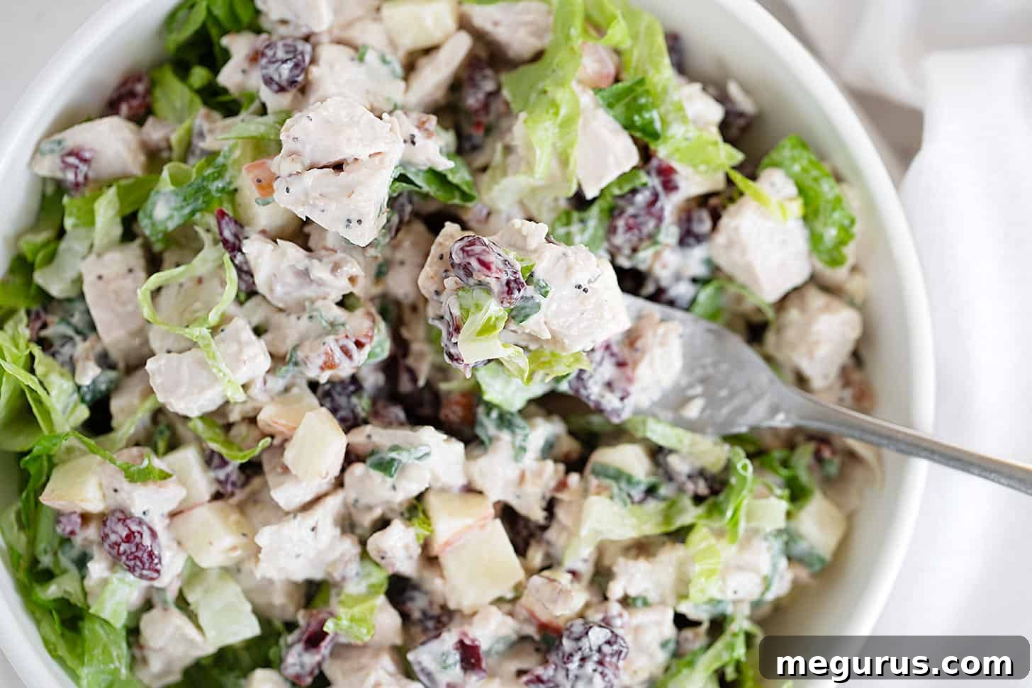 Freshly prepared cranberry pecan turkey salad in a white bowl with a silver fork, highlighting the vibrant colors and textures.