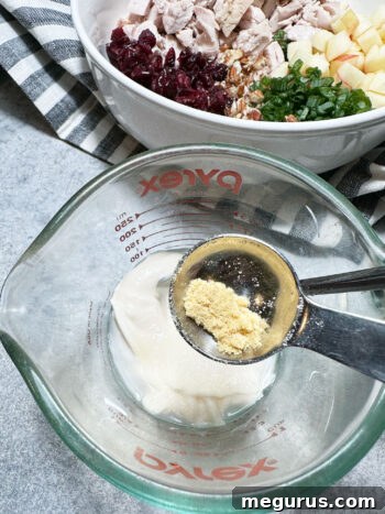 Adding dried mustard powder to the dressing mixture in a measuring cup.
