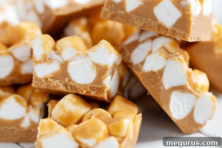 Delicious peanut butter marshmallow squares cut on a serving board.