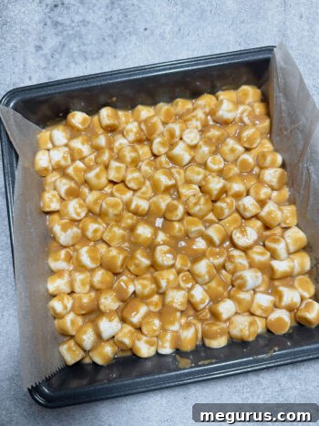 The peanut butter marshmallow mixture evenly spread into a prepared baking pan, ready for chilling.