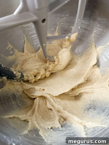 Cookie dough showing a smooth and creamy texture after the egg has been fully incorporated.