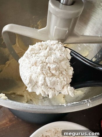 Adding the dry flour mixture to the wet ingredients in the mixing bowl.