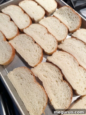 bread slices arranged on a baking tray before toasting