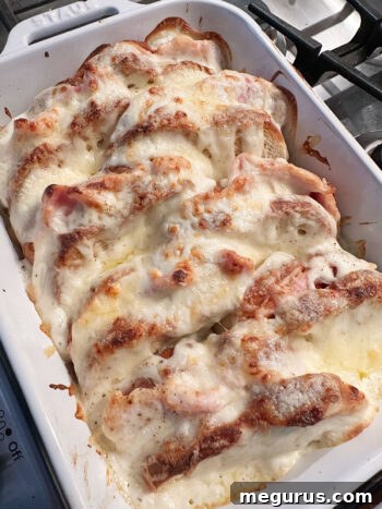 Croque Monsieur casserole after baking, golden and bubbly