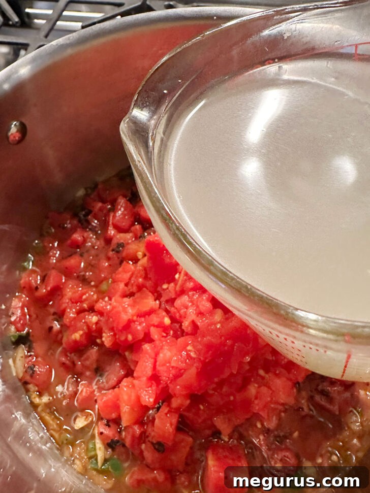 Pouring chicken broth into the soup pot, bringing all the ingredients together to simmer.