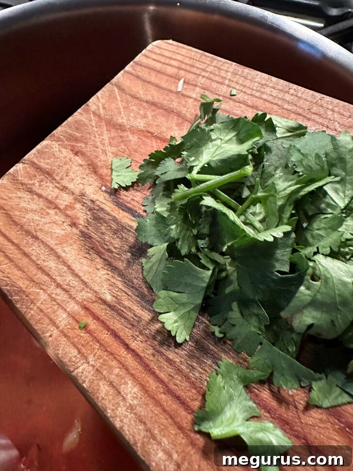 Sprinkling fresh chopped cilantro into the simmering Mexican chicken soup for a burst of herbaceous flavor.