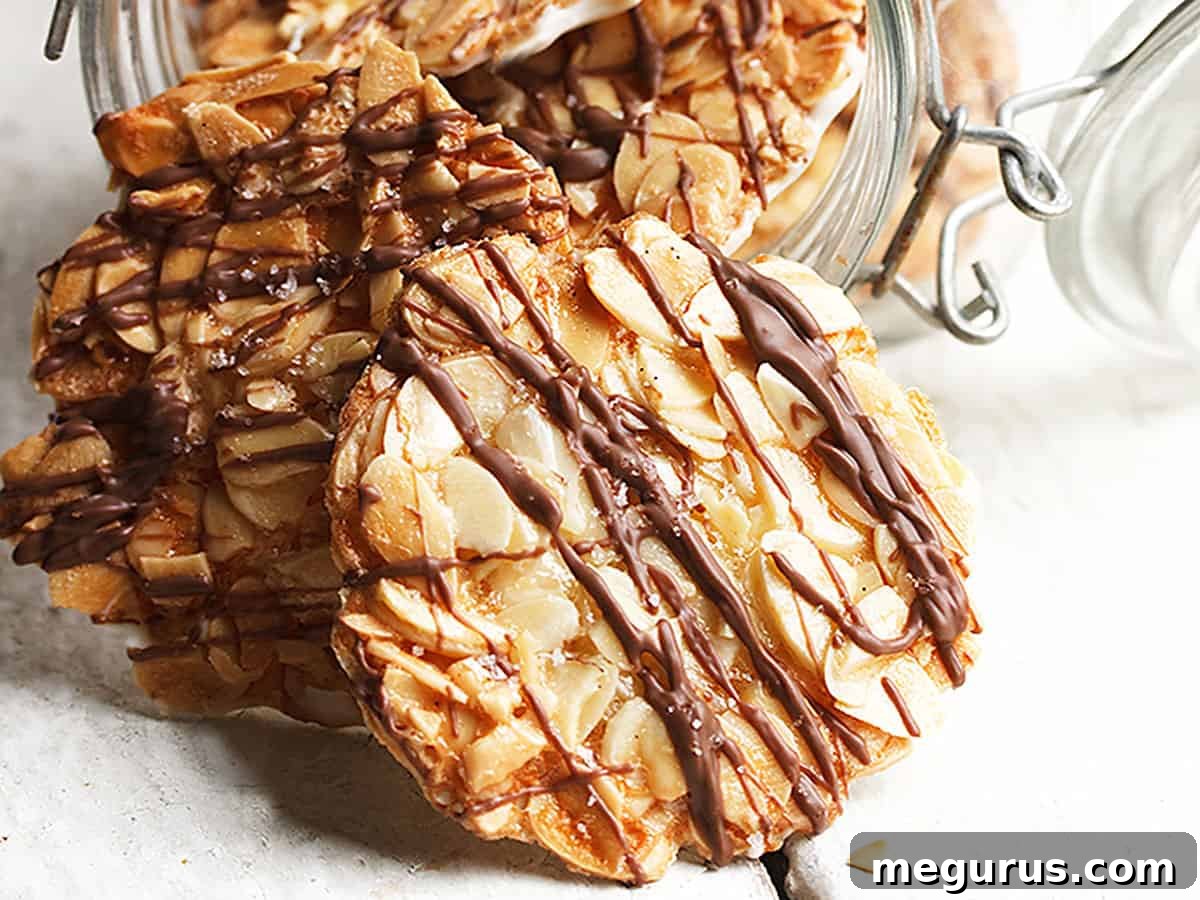 Close-up of double chocolate almond Florentine cookies with a beautiful chocolate drizzle, highlighting the toasted almonds and crisp texture.