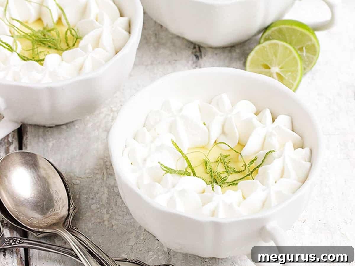 Individual frozen key lime pies in decorative cups, garnished with fresh lime slices