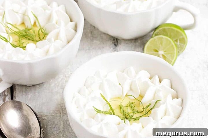 Three individual frozen key lime pies with whipped cream and lime slices on a white dish