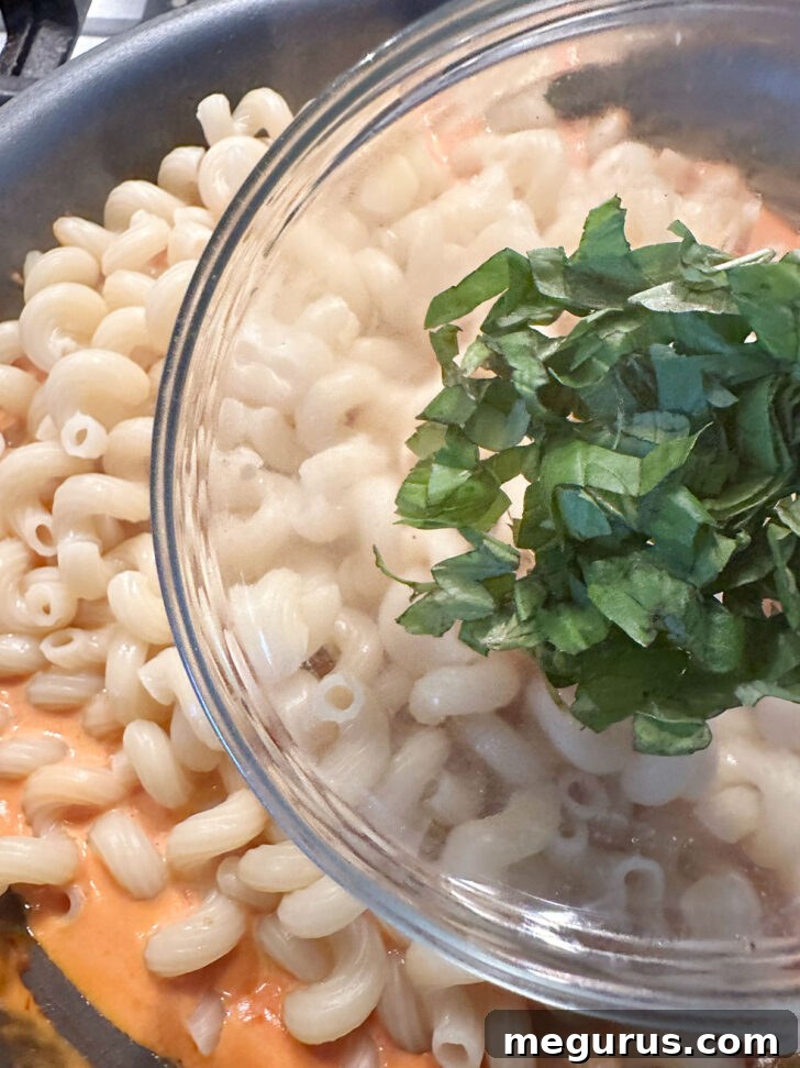 Stirring fresh chopped basil into the creamy pasta sauce.