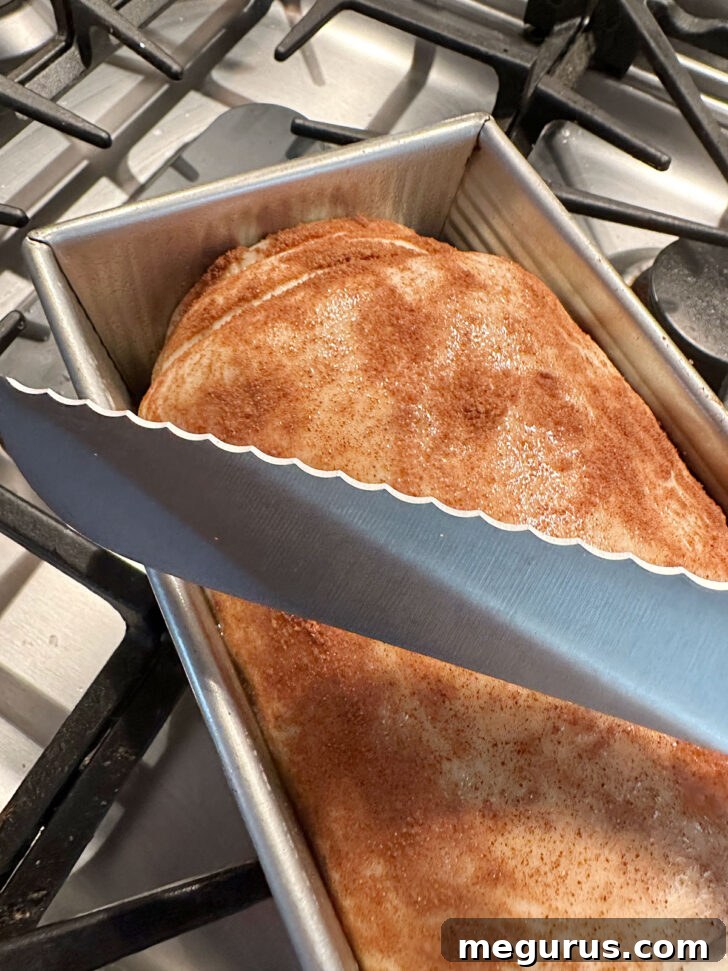Risen dough in loaf pan, scored with diagonal slashes before baking.