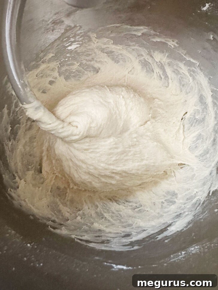 Sticky dough after thorough kneading in a stand mixer.