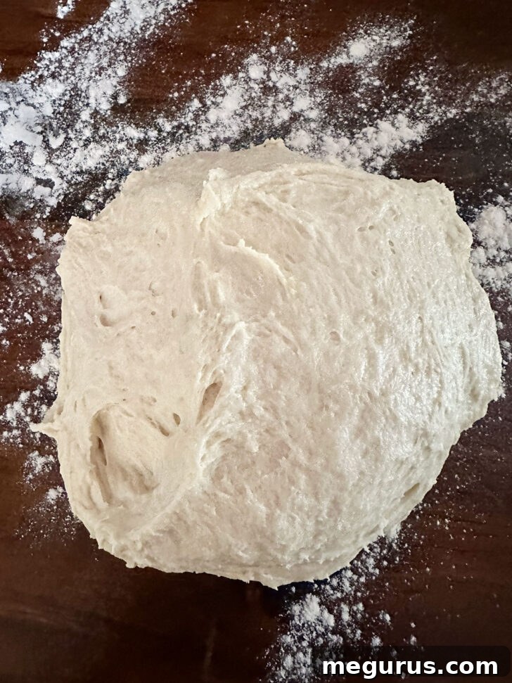 Dough transferred to a floured counter for light hand kneading.