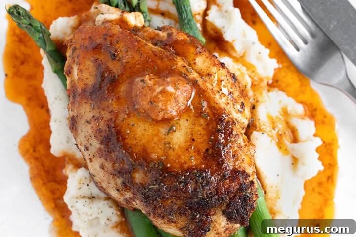Cajun chicken on plate with asparagus and mashed potatoes.