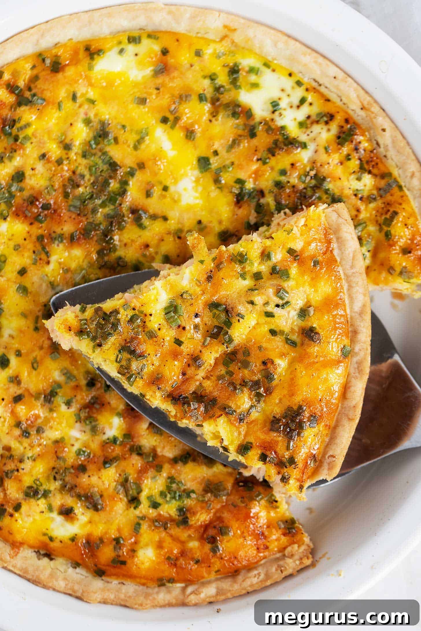 A whole Salmon Quiche, perfectly sliced into wedges, resting in the pie plate.