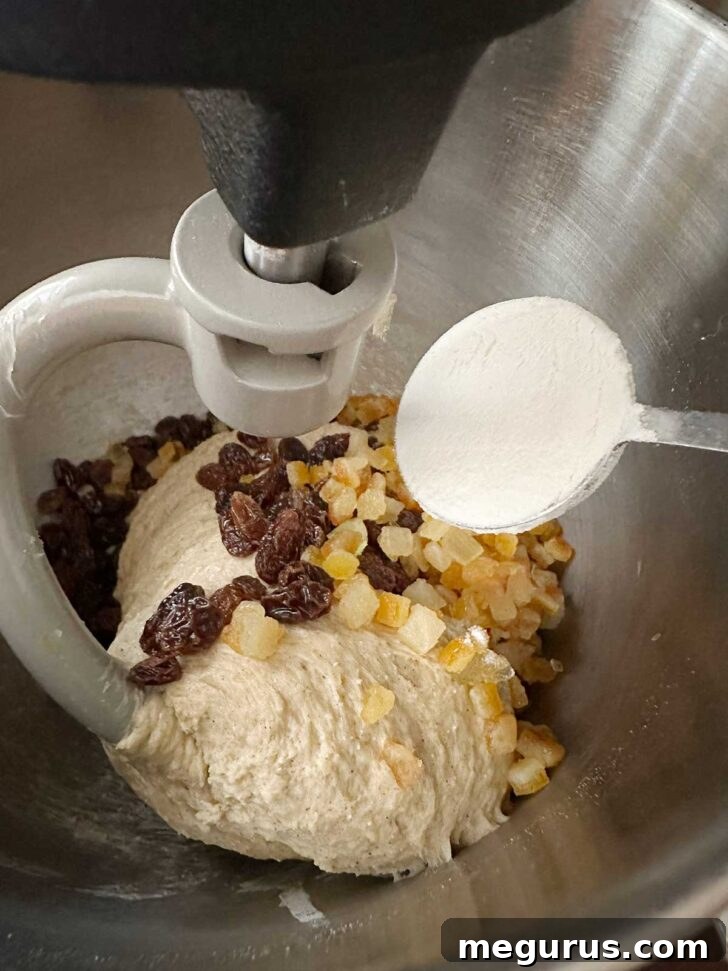 Adding the raisins and peel to the bowl.