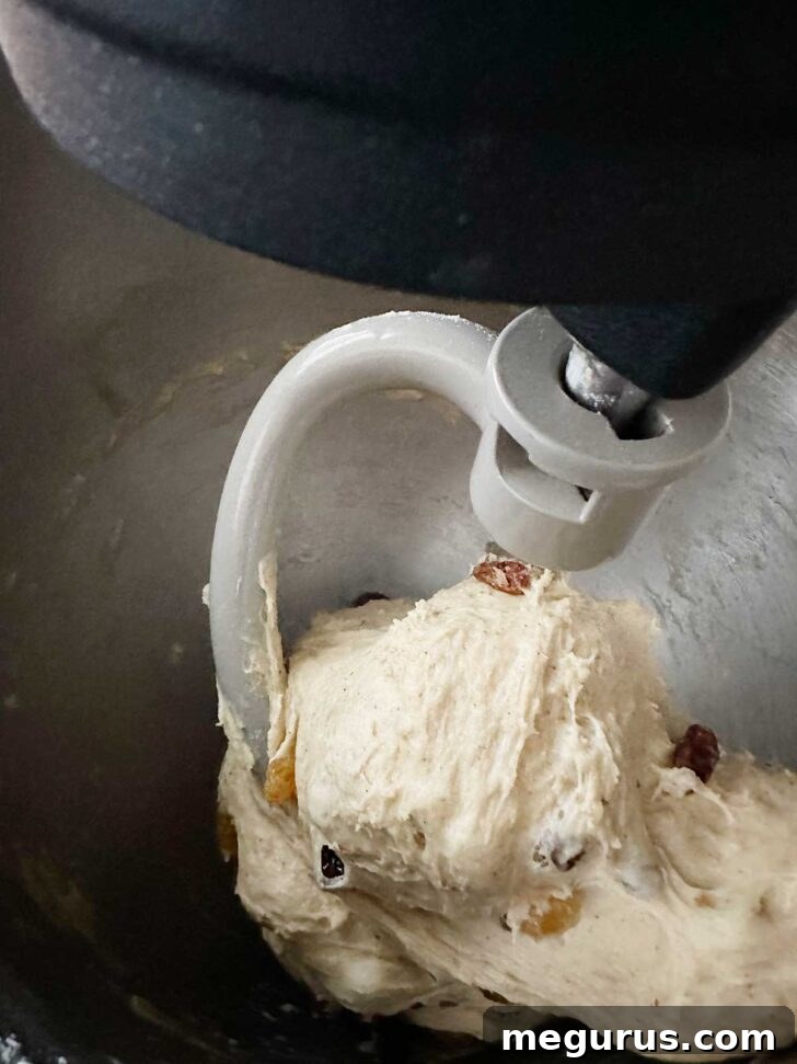Finished dough in the mixer after fruits added.